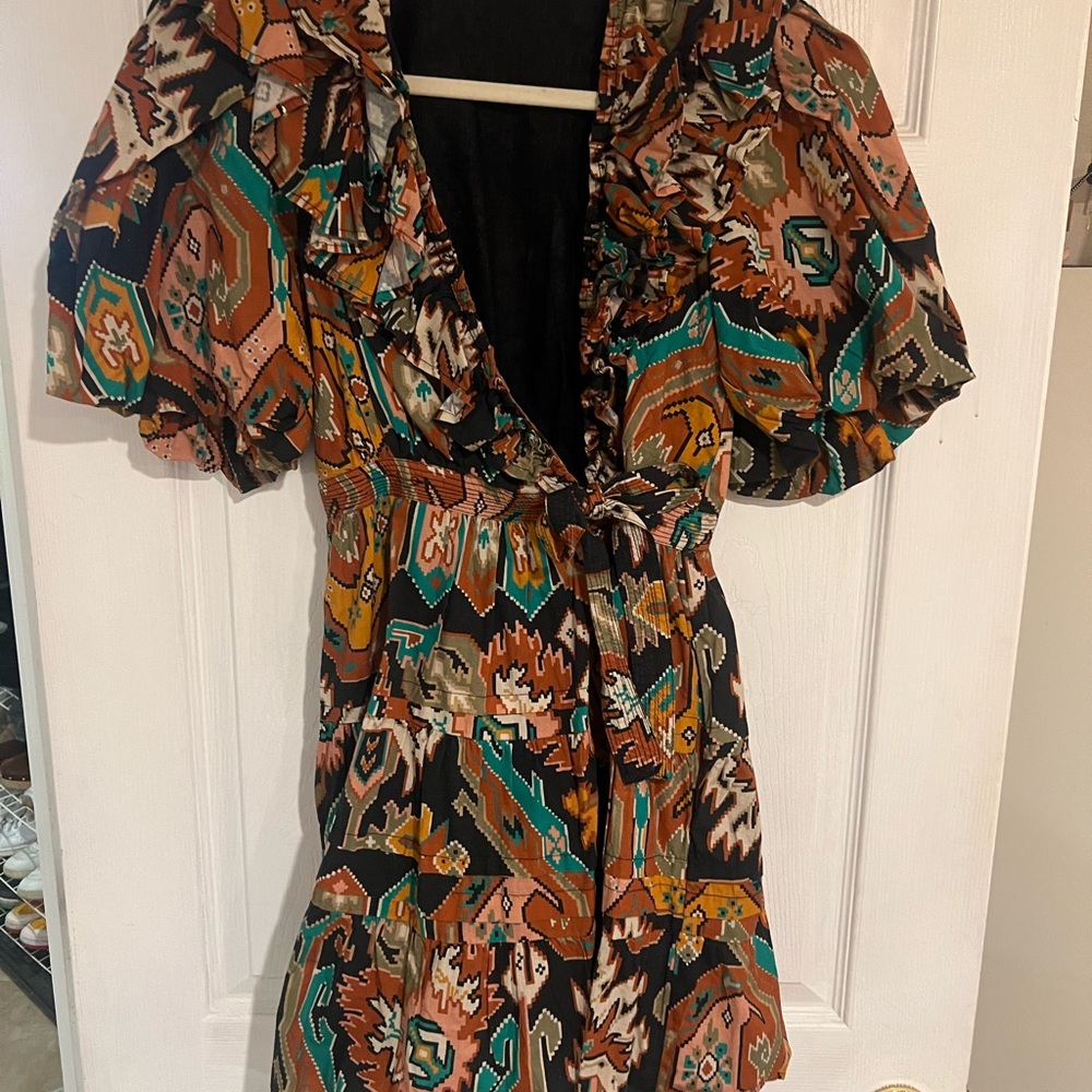 Brown and Orange Wrap Tie Front Mini Sundress with Puff Sleeves